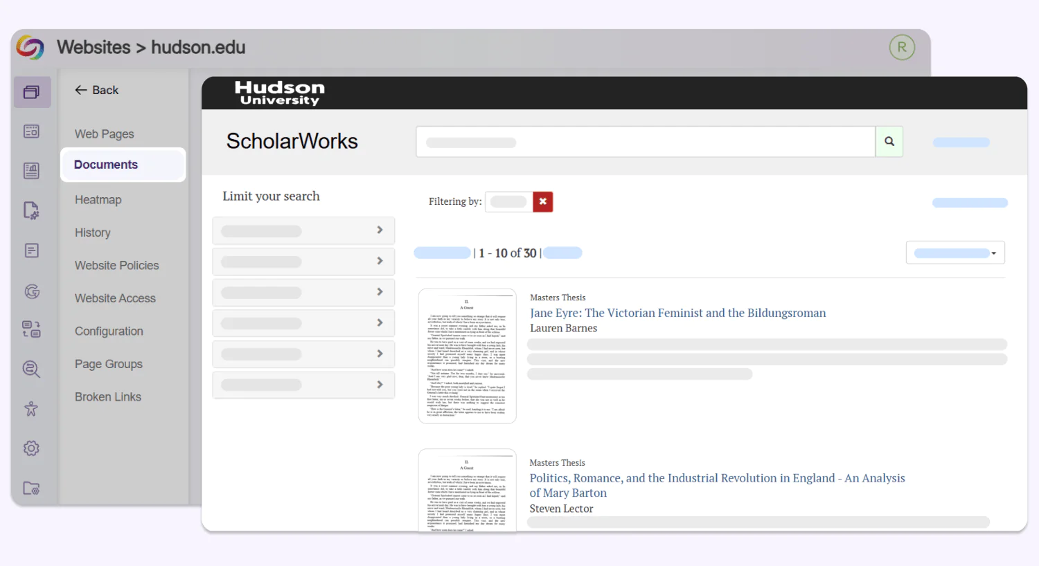 Mid-fidelity prototype of the Documents tab in YuJa EqualGround opening up to ScholarWorks.